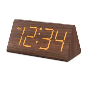 Wooden Digital Alarm Clocks for Bedrooms - Electric Desk Clock with Large Numbers, USB Port, Battery Backup Alarm, Adjustable Volume, Dimmer, Snooze, DST, 12/24H, Wood Décor (Brown)