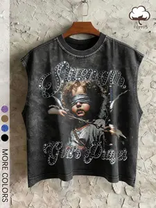 1 Pc Men's Muscle Tank Top, Streetwear Graphic Tee With “Strength God's Plan” & Blindfolded Kid Art, Vintage Soft Cotton For Casual Wear And Music Festival