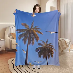Coastal Palm Tree Wall Tapestry, Featuring Bird-Shaped Design and Sky Blue Background, for Elegant Decoration 280gsm