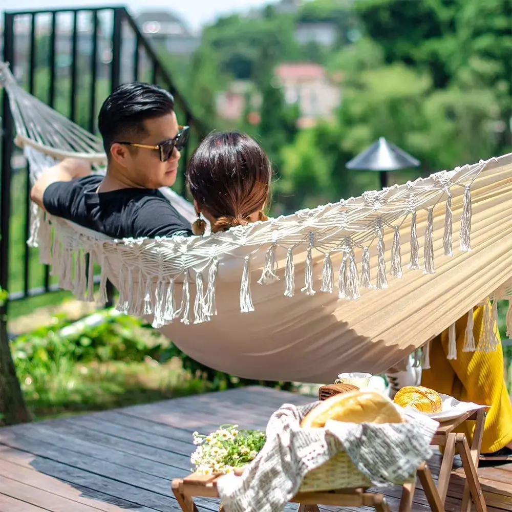 Cotton Double Macrame Hammock Hanging Swing, 500lbs Max Capacity, Beige Cozy Hammock, Outdoor Porch Patio Use, Home Improvement Garden Decor, Outdoor Porch Swing, Patio Swings Outdoor