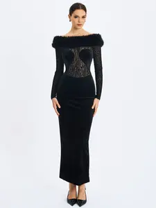 Alexis Black Velvet Animal Print Fur Boatneck Maxi Dress