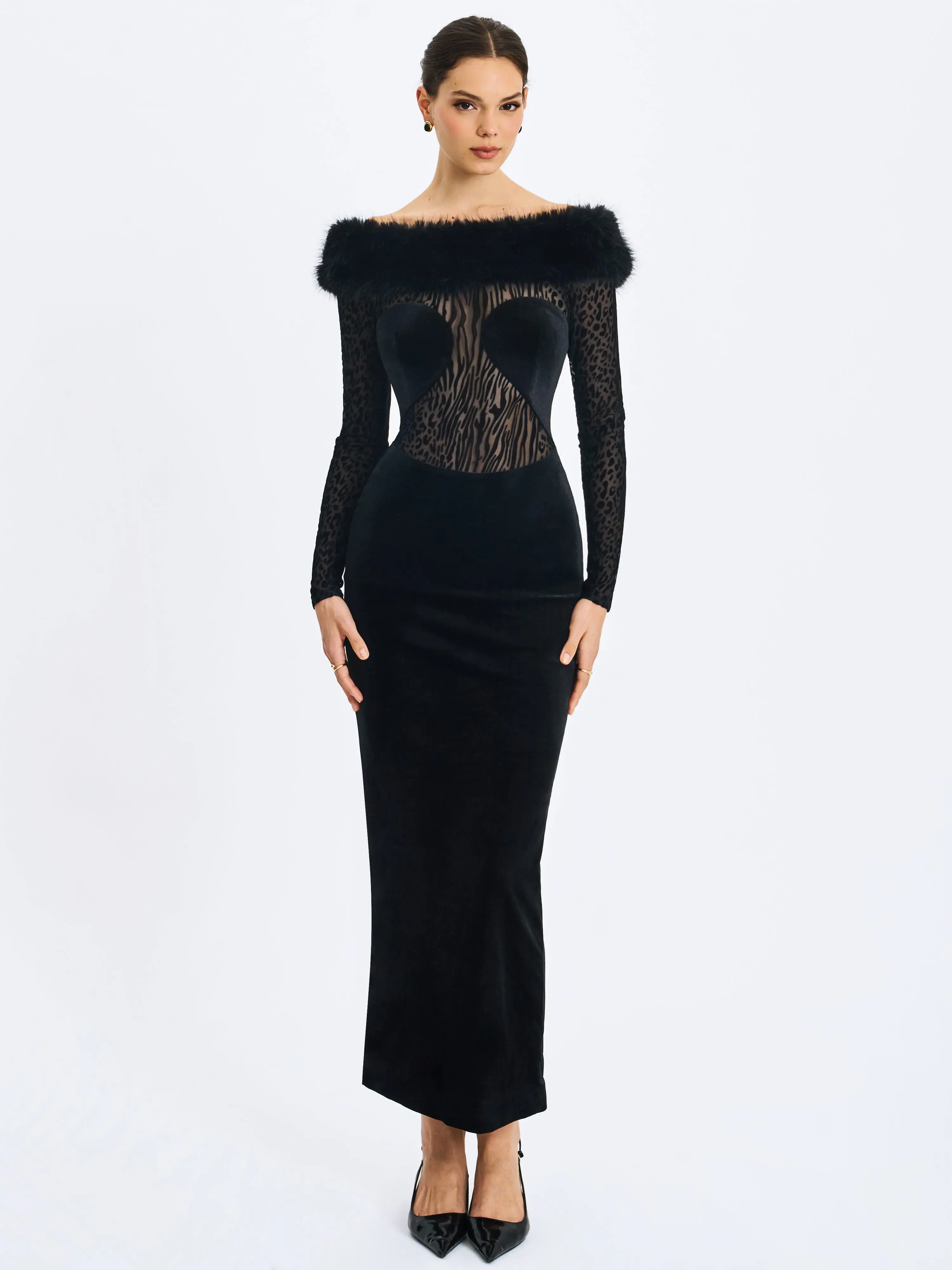 Alexis Black Velvet Animal Print Fur Boatneck Maxi Dress - TikTok Shop