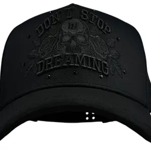 DON’T STOP DREAMING Black Embroidered Skull & Rose Design Adjustable Snapback Hat for Men Women