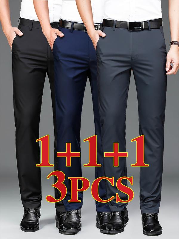 Men's New Loose Straight Leg Elastic Plain Business Pants, All Seasons, Anti-Wrinkle Comfortable Casual Workwear, Casual Fashion Trousers, 3 Piece Set