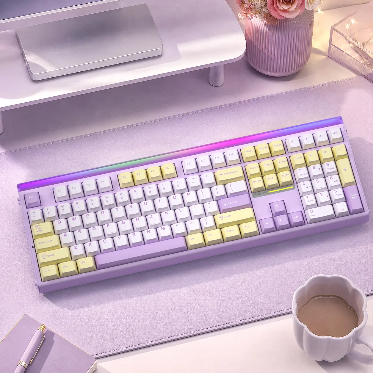 [New]AULA H108 Full-Size Silent Mechanical Keyboard  with  Number Pad ,Tri-Mode Bluetooth 2.4G Wireless,Silent Feather Switches, RGB Backlight Yellow  Purple Options for Office Use, PC Accessories, Silent Keyboards,back to school,back to school shopping