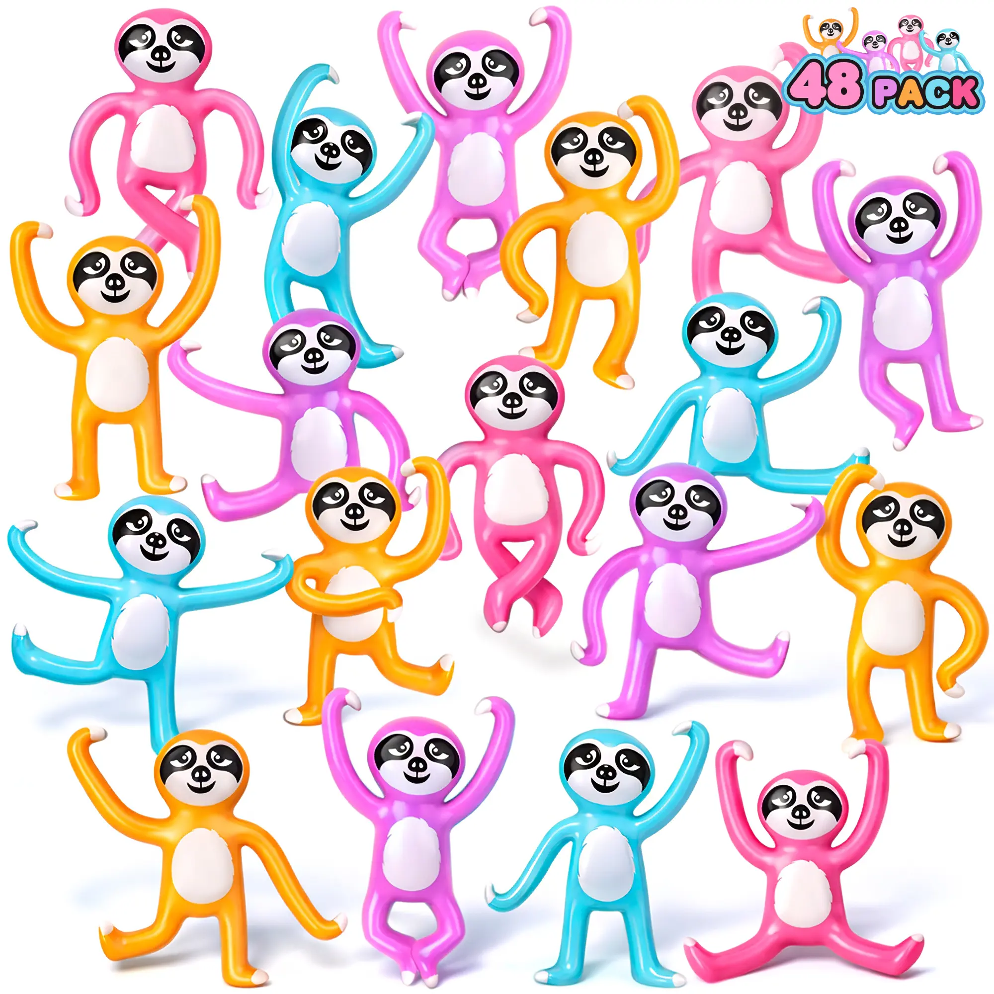 ARTCREATIVITY 48-Pack 2.5 Inches Tall Mini Bendable Sloth Toys, Assorted Colors Sensory Tools with Soothing Tactile Feedback, Animals & Nature Themed Roadtrip Fidget Stress Relief Toys for Kids, Zoo Party Favors