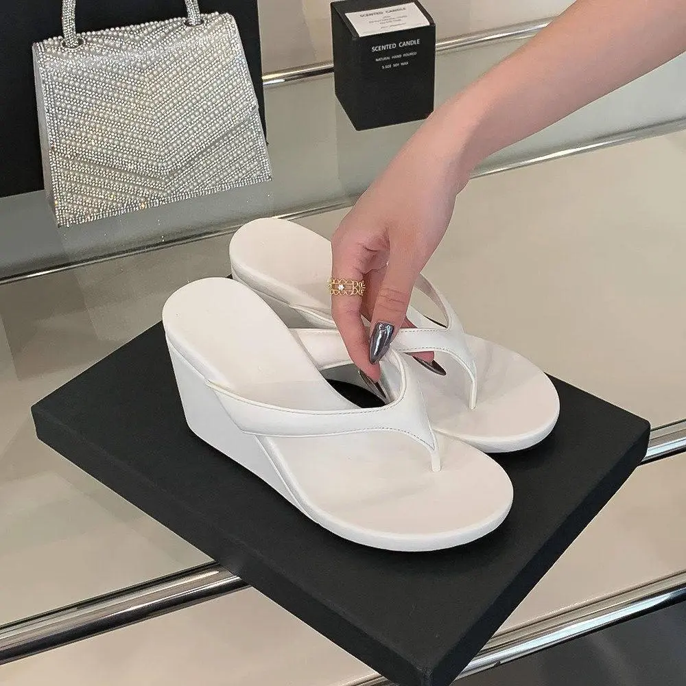 Women's Metallic Silver Wedge Platform Flip-Flops, Slip-On Open-Toe Sandals, Y2K Street-Style, Flexible Conforming Upper, Glossy Eye-Catching Design, Solid Color for Everyday Wear
