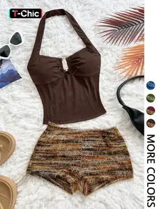 2 Spring Summer Beach Vacation 2 Piece Set Women Beachwear | Halter Neck Sleeveless Ruched Fitted Crop Top + Fuzzy Striped Knit Shorts | Boho Y2K Style for Travel Resort Daily Wear