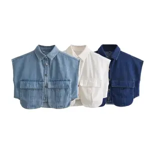 Women's pure-colored large-pocket sleeveless high-end cardigan with Polo neck shirt denim top,Gift
