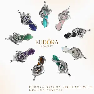 Dragon Necklace with Healing Crystal Ball, Fantasy Jewelry with Amethyst Obsidian Tiger eye & Opalite, Guardian Dragon Pendant for Men & Women