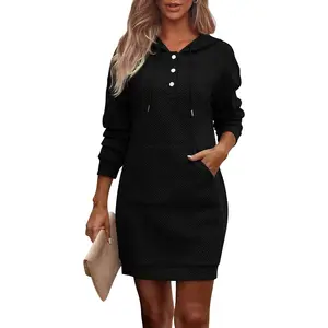 Womens Long Sleeve Hoodies Dress 2025 Fall Texture Button Oversized Sweatshirts Winter Dresses with Pockets