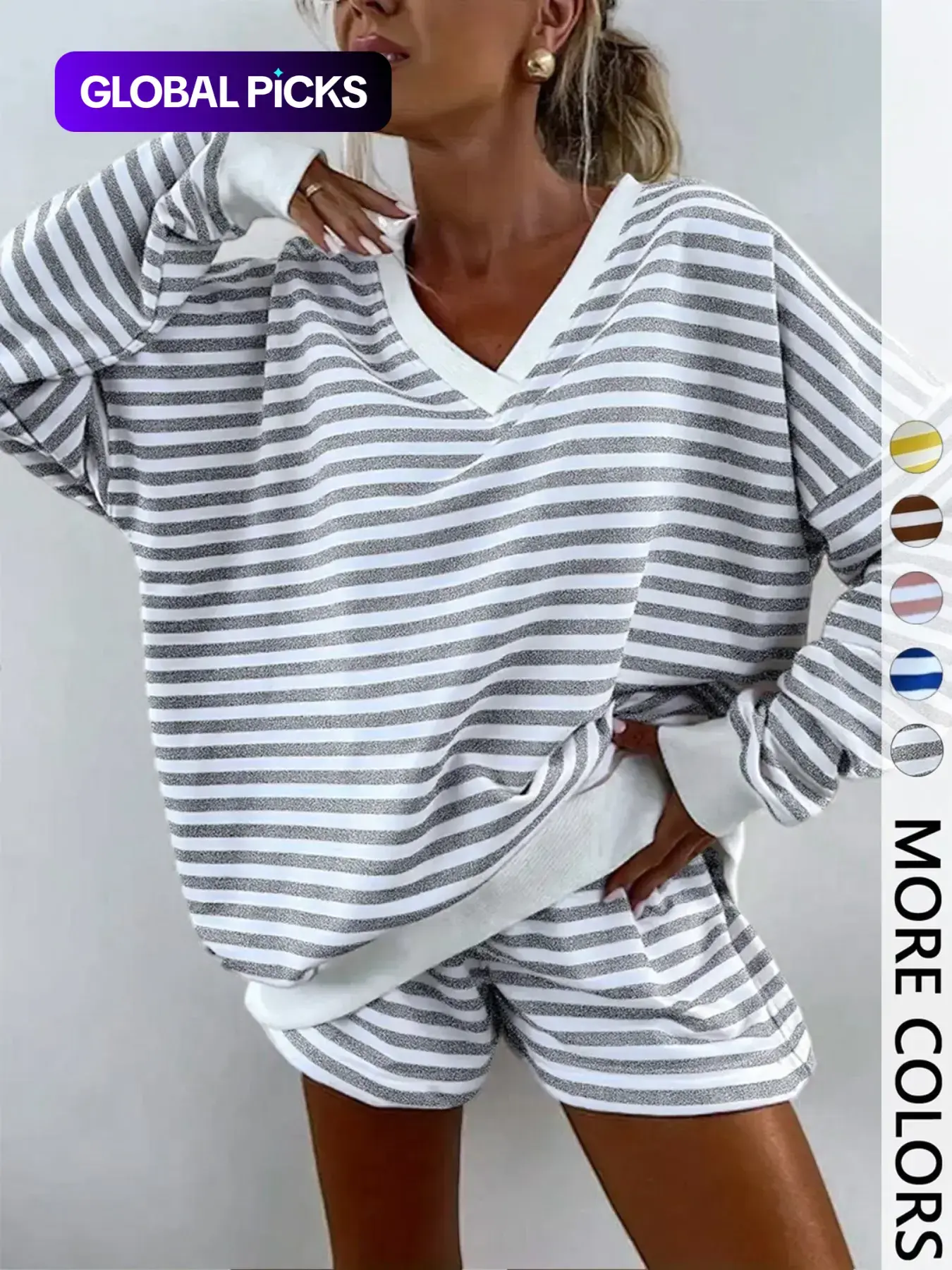 Women's Striped Print Long Sleeve Tee & High-Waisted Shorts