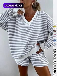 women's striped print long sleeve tee & high waist shorts two-piece set, casual loose v neck top & shorts for spring & fall, women's baggy clothes for daily wear, go out sets, 2 piece sets women, longsleeves womenswear, casual outfits women