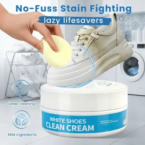 1pcs White Shoe Cleaner Cream, Multipurpose No-Wash Cleaning Solid Paste with Sponge, White Shoes Stain Remover for Leather Sneakers Soles