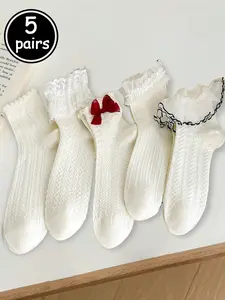 5 Pairs of Women's Simple Versatile Bow Lace Frill Lolita Mid-Calf Socks, Trendy Fashion Accessories for Every