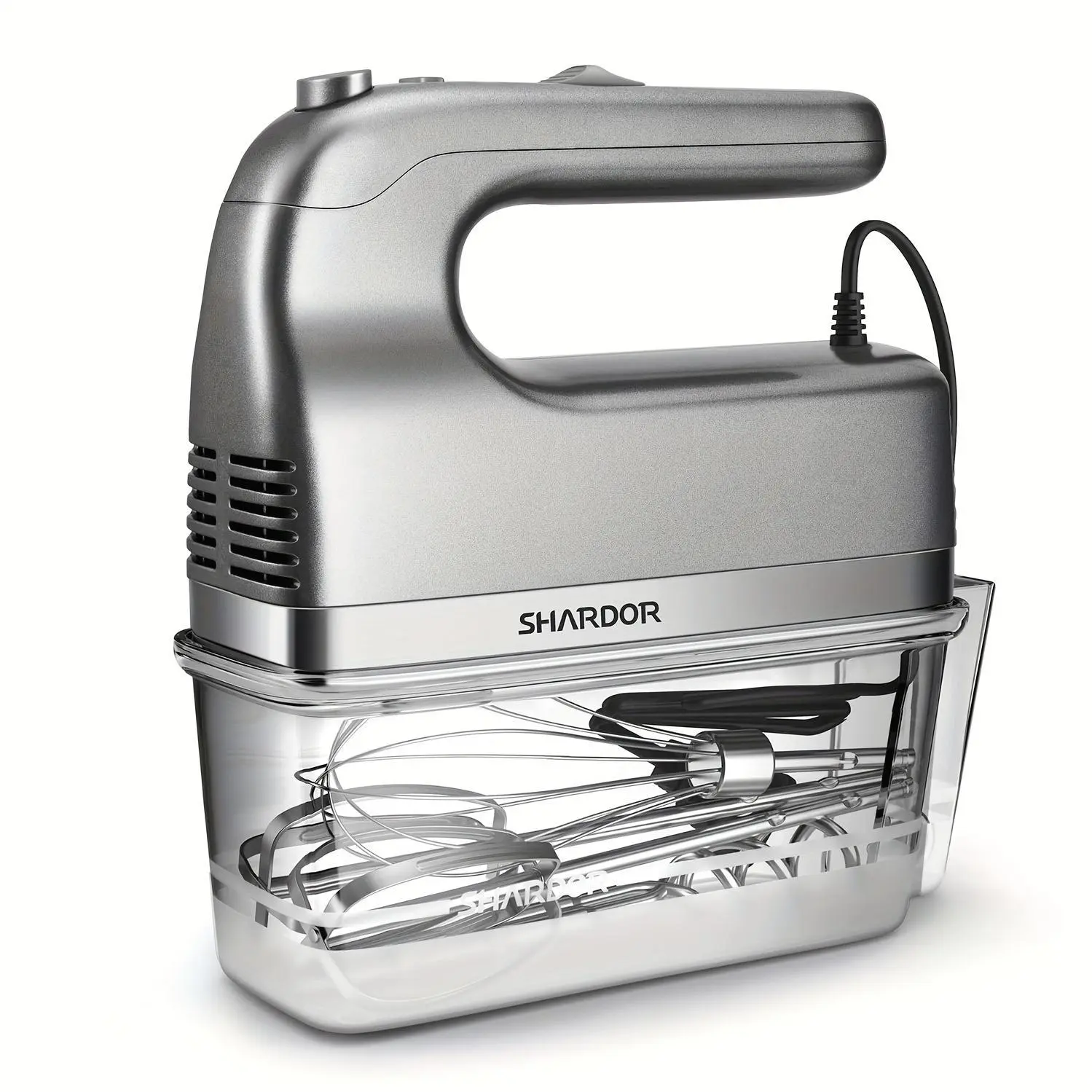 Hand Mixer, Handheld Mixer with Storage Case 5-Speed Plus Turbo Hand Mixer Electric with 5 Stainless Steel Attachments(2 Beaters, 2 Dough Hooks And 1 Whisk), Silver