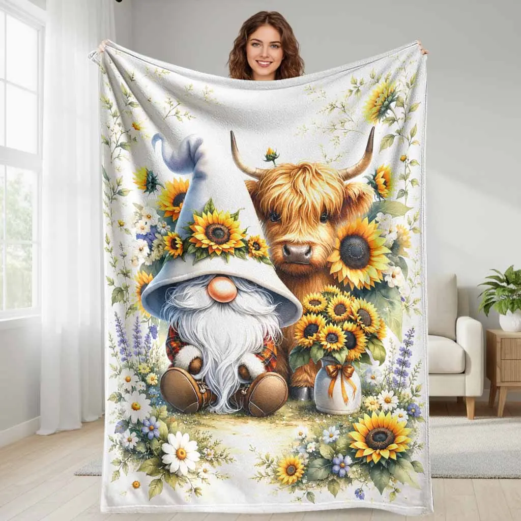 Sunflower Gnome Highland Cow Flannel Blanket Farmhouse Floral Print Lightweight Plush Throw Super Soft Warm Cozy Bedding Throw Blanket For Living Room Sofa Couch Camping Outdoor Picnic Bed Decor Gift