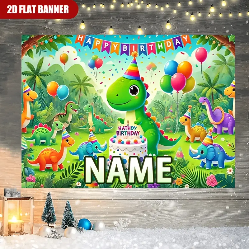 Personalized Custom Name 2D Flat Dinosaur Birthday Backdrop-Banner, Vibrant Cartoon Theme with Balloons & "Happy Birthday" Text, Durable Polyester Fabric, Customizable, Indoor-Outdoor No-Electricity Use (Festive Party Supplies),summerwins