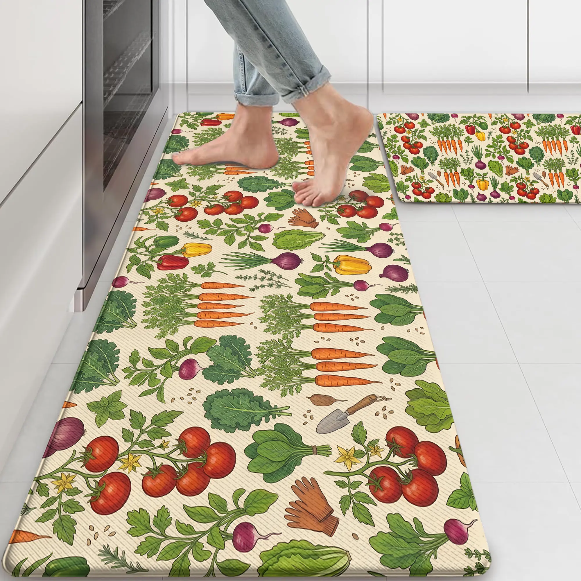 Vegetable Garden Anti Fatigue Kitchen Mats for Floor Set of 2, Cushioned Non Slip Waterproof Memory Foam Kitchen Rugs for Sink, Laundry Room and Office