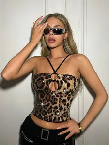 Cheetah Print Bodycon Leopard Pattern Beaded Sparkly Fabric Open Back Tie Strap Women's Tank Top