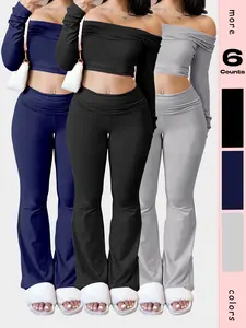 Fashionable women's sexy and sweet off-the-shoulder top paired with flared trousers, fitted casual two Counts suit