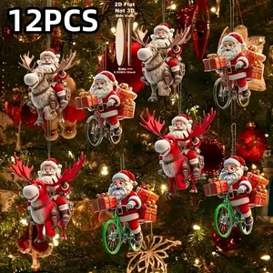 12-Piece Santa Claus Wooden Ornament Set - Perfect for Christmas Trees and Holiday Home Decorations, 2D Flat Christmas-Themed Santa Claus Gift-Giving Style