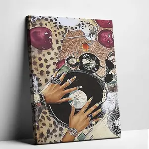Leopard Poster Black    Vibrant Fashion Girl with Leopard Print and Vintage Music Elements Abstract, with Eclectic      Perfect for Room Decor wall canvas Art