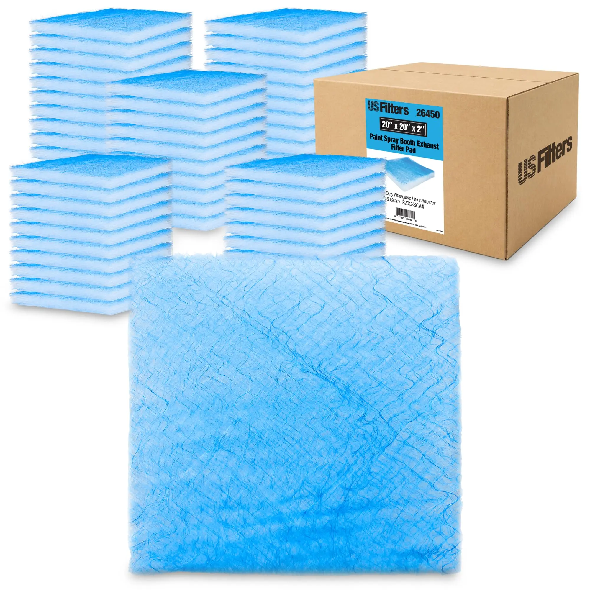 Fiberglass Paint Arrestor Filter Pads - 20"x20"x2" Square 18g Industrial Automotive Pads, EPA Title 40 CFR Part 63 98% Efficiency Rule, Bulk Box of 50 (26450) for Pet Fish Aquatic Pumps & Filters, 18 Grams