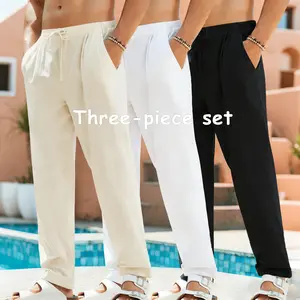3 Pack Men's Summer Linen Pants, Breathable Loose Fit Drawstring Trousers, Perfect for Beach Vacation & Daily Wear