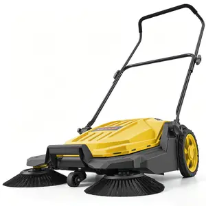 VEVOR Walk-Behind Hand Push Floor Sweeper, Manual Floor Sweeper Non-Electric with 25.6" Sweeping Width, 5 Gallons Waste Container & Adjustable Folding Handle for Yards Walkways Patios Garages - Yellow