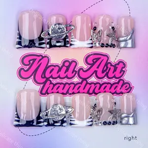 Delicatething Y2K Style Duckbill Nail Tips, Handmade Wearable Nails, 3 Sizes S M L, Globe Butterfly Star French Design, Perfect Gift for Girls