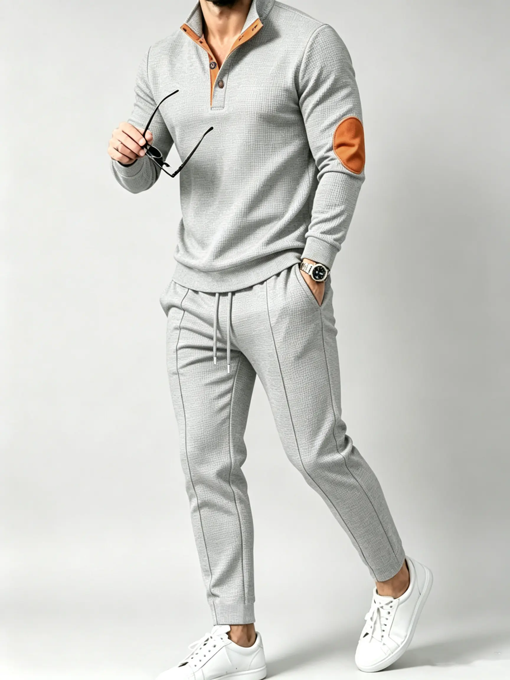 men 2 piece sets Men Waffle Knit Elbow Patch Polo Jogger Set
