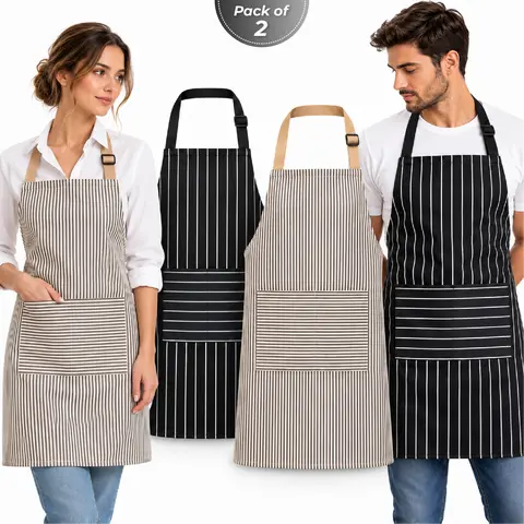 Unisex Cotton Kitchen Cooking Aprons 2-Pack, Lightweight Washable Striped Bibs with 2 Large Pockets, Adjustable Bib Strap & Waist Ties, Rotatable for Baking, Bake & Clean Ready