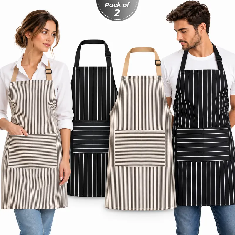 Unisex Cotton Kitchen Cooking Aprons 2-Pack, Lightweight Washable Striped Bibs with 2 Large Pockets, Adjustable Bib Strap & Waist Ties, Rotatable for Baking, Bake & Clean Ready