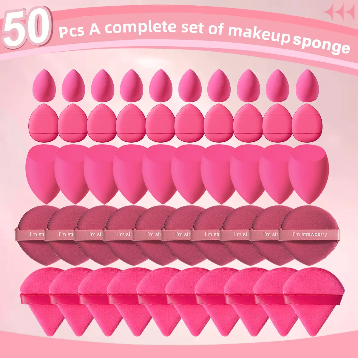 50pcs Face Makeup Tools Set,10pcs Large Makeup Sponge & 10pcs Fan Powder Puff & 10pcs Mini Makeup Sponge & 10pcs Air Cushion Powder Puff & 10pcs Thumb Powder Puff