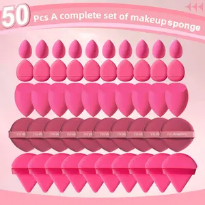 50pcs Face Makeup Tools Set,10pcs Large Makeup Sponge & 10pcs Fan Powder Puff & 10pcs Mini Makeup Sponge & 10pcs Air Cushion Powder Puff & 10pcs Thumb Powder Puff