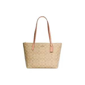Coach Zip Top Tote with Metal Logo and Signature Print in Canvas and Leather for Women