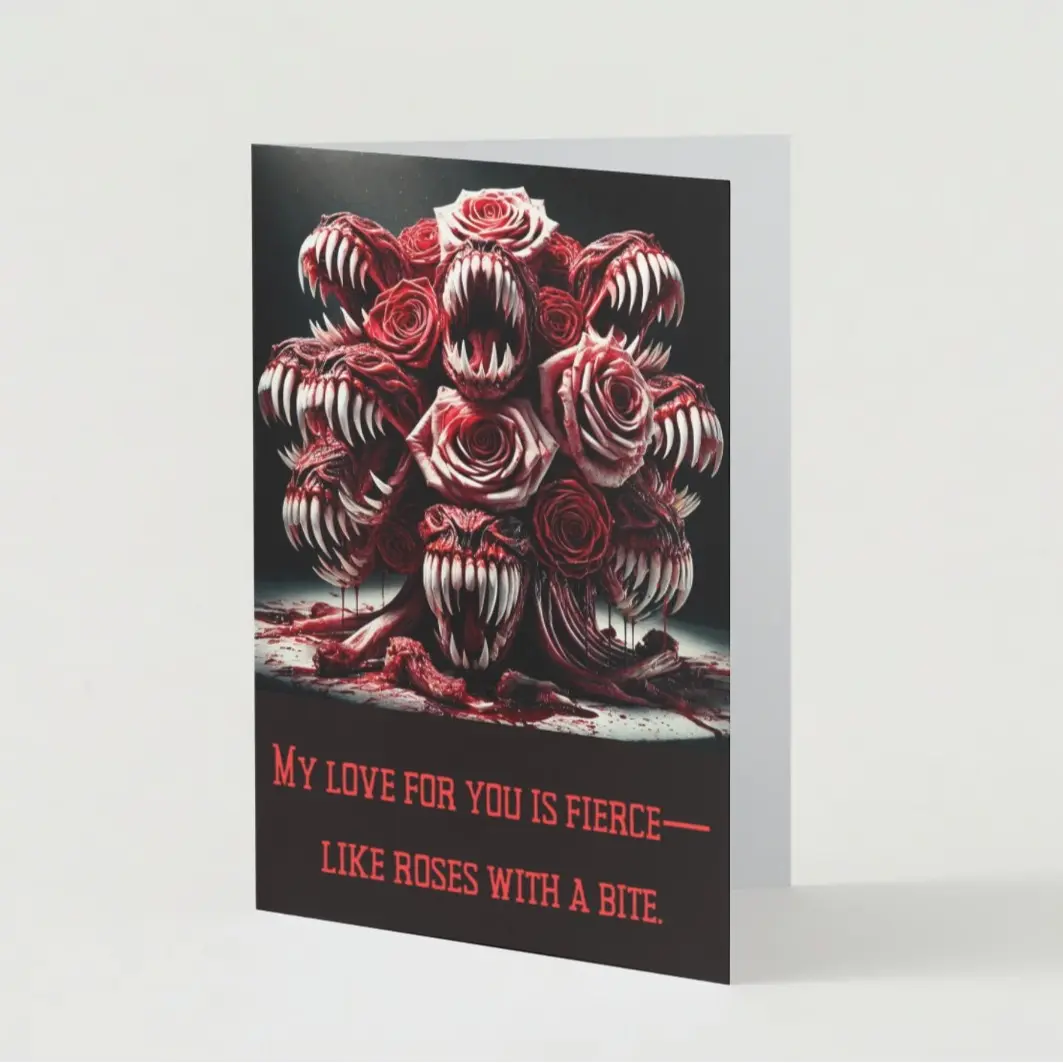 Flesh-Eating Rose Bouquet Horror Valentine's Day Card - Fierce Love Set of 5 with Bold Design and Unique Rose Arrangement