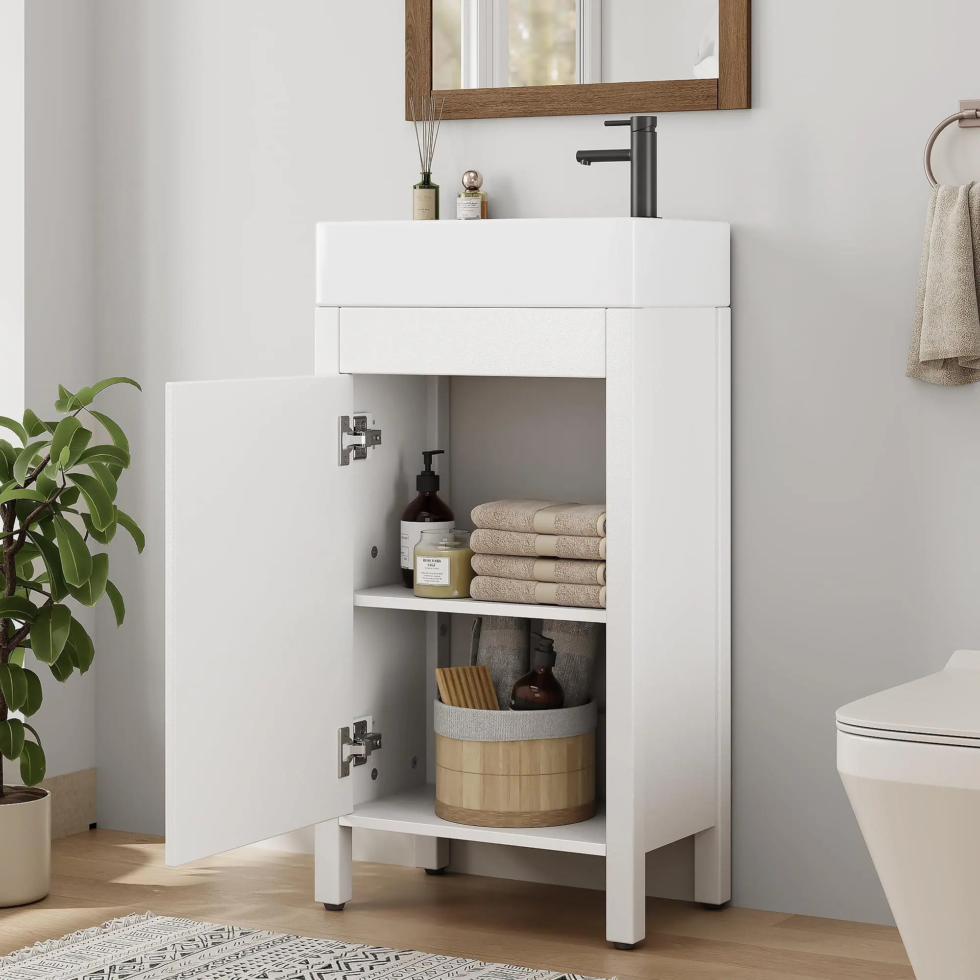 Gaomon 16in Freestanding MDF Wood Bath Vanity with Ceramic Sink, Adjustable Feet, Storage Cabinet, Soft-Close Door & Drawer, White Indoor Furniture