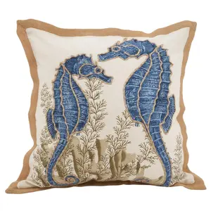 SARO  20 in. Neptunian Square Seahorse Filled Cotton Down Filled Throw Pillow - Natural