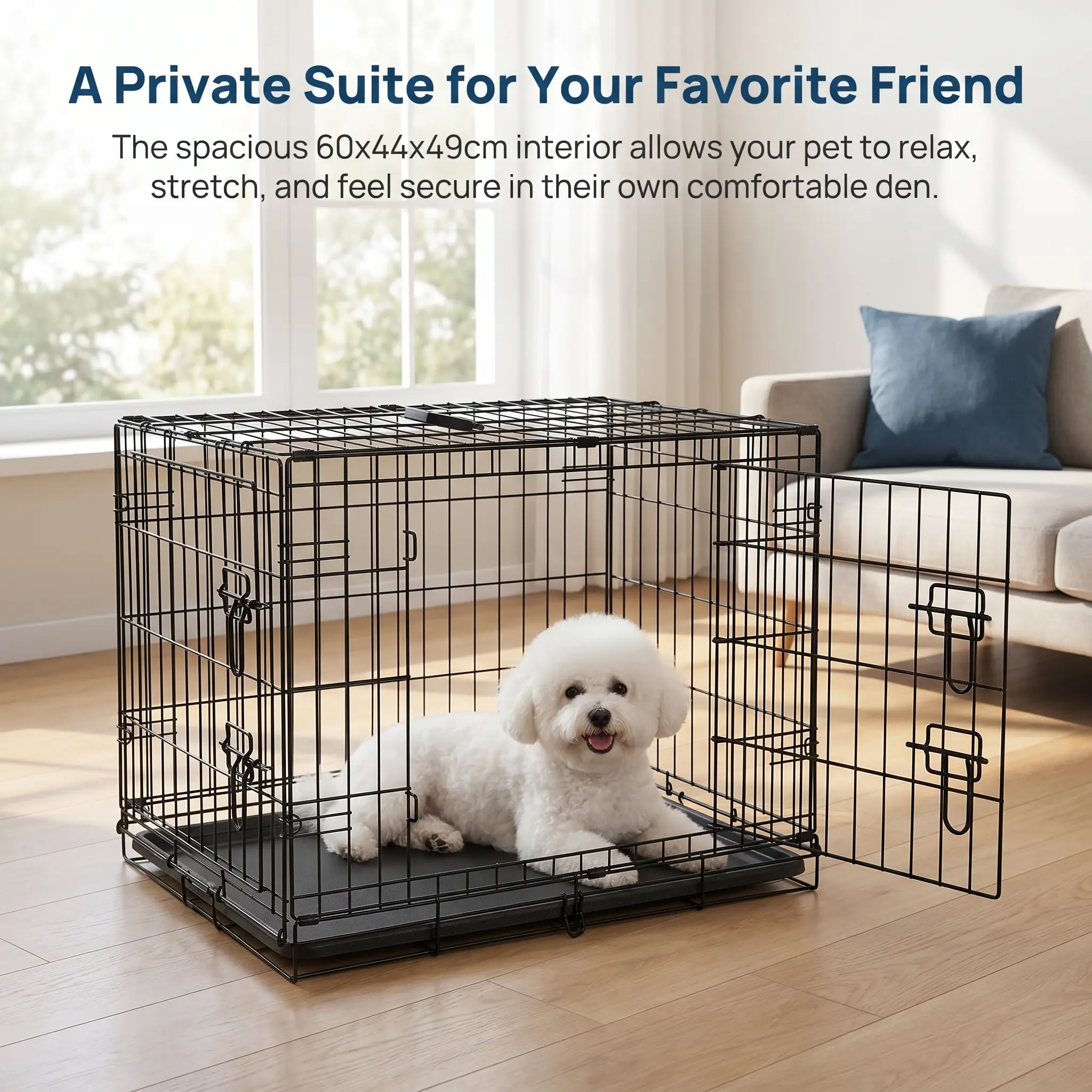 YJ-Garvee Cage for Rabbits and Small Pets 60x44x49 cm, with 2 Doors and Removable Tray, Sturdy Metal Frame, Escape-Proof Design, Foldable, Black