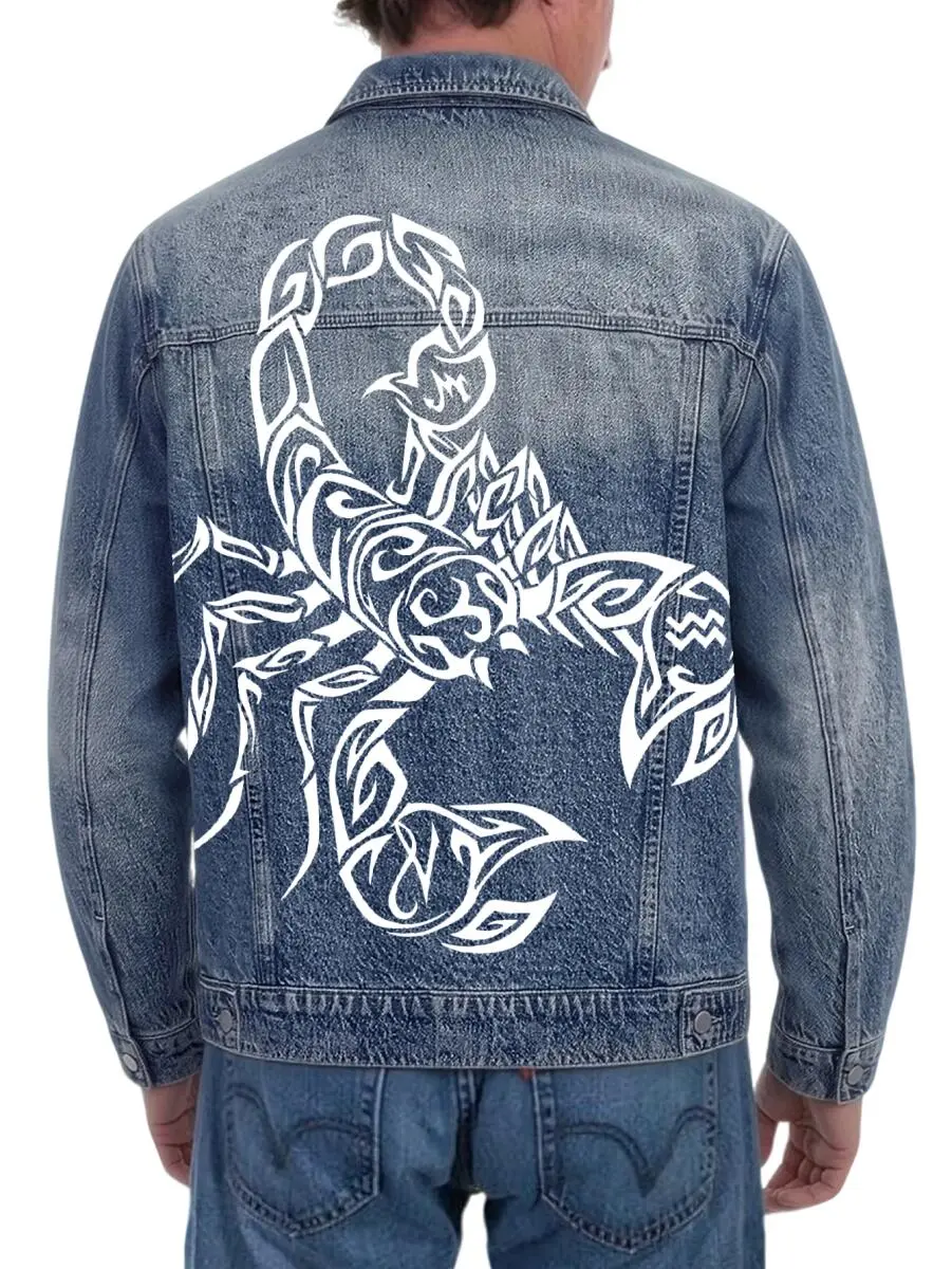 Elaborate Tribal Scorpion Zodiac Tattoo Artwork Featured On Classic Denim Jacket For Those Drawn To Astrology‑Inspired Street‑Focused Outerwear