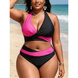 2026 Women's Plus Size Bikini Set, Black & Pink Colorblock Halter Top with Wrap-Front Design, High Waisted Bottom with Contrast Waistband, Two-Piece Bathing Suit for Beach & Vacation