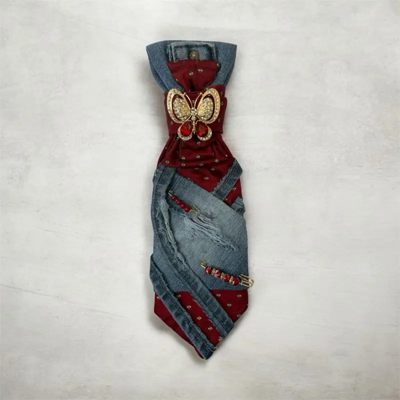 Jean Tie Butterfly Design with Gold Accents and Red Details