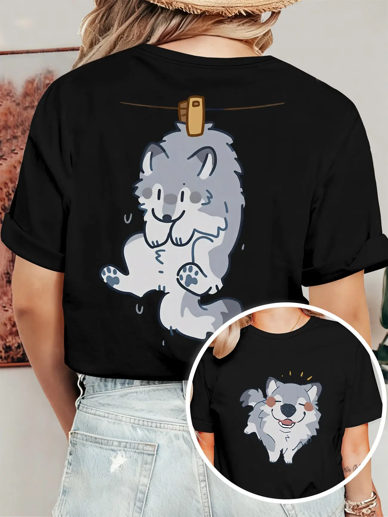 Women's Retro Wolf Print T-Shirt - Double-Sided Little Wolf &, Soft Stretch Crew Neck Short Sleeve -Compatible Top Suitable for All- Casual Wear, Daily Outfits, Machine Washable Non- Shirts