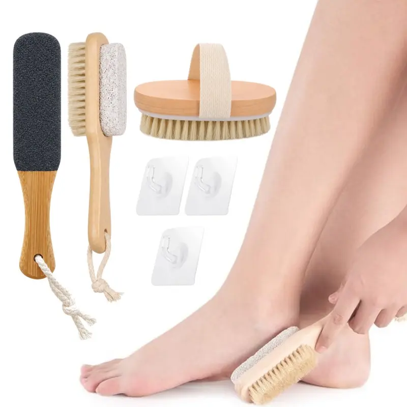 Personal Wooden Bristle Bamboo Dry-Wet Body Brush & 2-Sided Pumice Stone Foot File Scrubber Set - Exfoliating Skin, Cellulite Treatment, Hangable Bath & Shower Tool with Wall-Mount Compatibility
