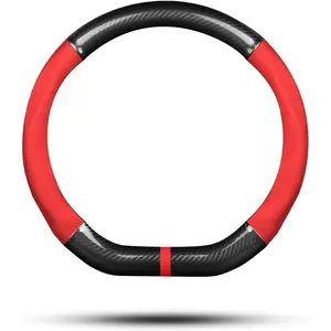 Steering Wheel Cover Non-Slip  Steering Wheel Protector  D-Shape Carbon Fiber & PU Leather Universal for Diameter 38cm(15") (Black-red-Stripe-B)