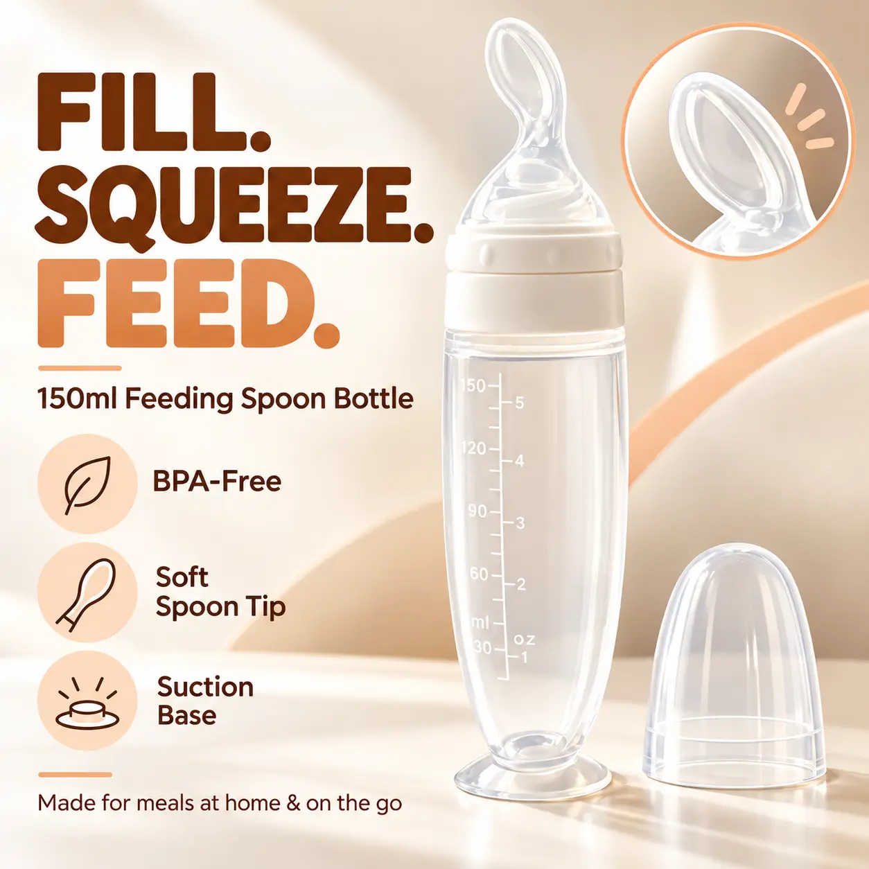 YRUIZEUP 150ml Baby Food Squeeze Feeder with Soft Spoon Tip, BPA-Free Feeding Spoon Bottle with Suction Base & Protective Cap for Purees and On-the-Go Feeding