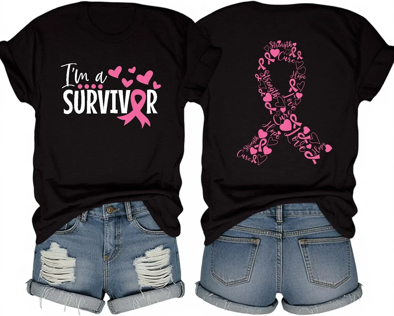 Women's Cotton Short-Sleeve T-Shirt, Pink Ribbon & Hearts Graphic Top for Ladies – October Breast Cancer Awareness Apparel, Shortsleeve, Tshirt, Lady, Lightweight, Casual, Round Neck, Relaxed Fit, Awareness Wear, Classic Crew Neck