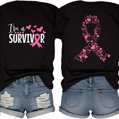 Women's Lightweight Cotton Short-Sleeve Tshirt - Pink Ribbon & Heart Detail, Classic Crew Neck, Relaxed Fit, Breast Cancer Awareness Apparel, Women's Clothes, Casual Top